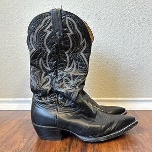 NOCONA Cowboy Boots Black Leather Pull On Western Pointed Toe USA